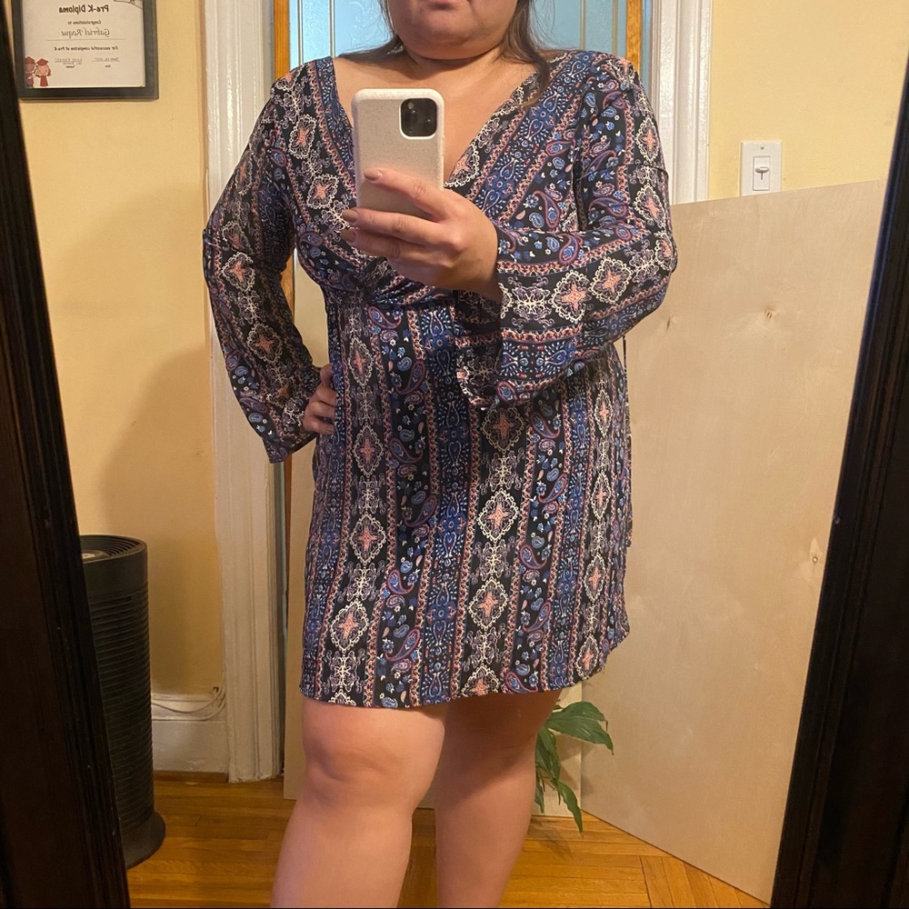 BOHO FALL DRESS LONG SLEEVES KNEE LARGE V neck